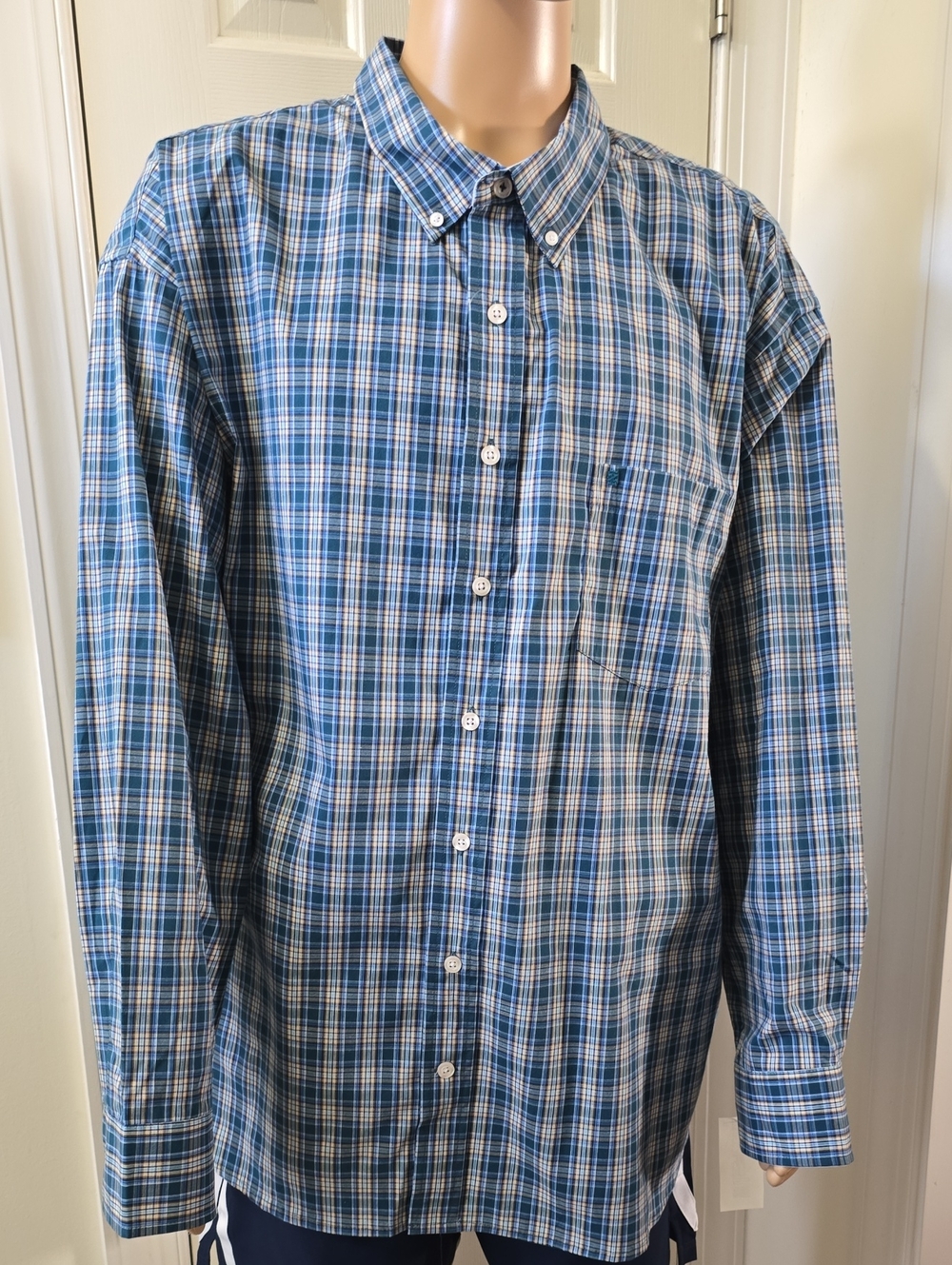 IZOD BRAND MEN'S BIG & TALL BLUE PLAID FRONT BUTTON LONG SLEEVES SHIRT SIZE 4XB